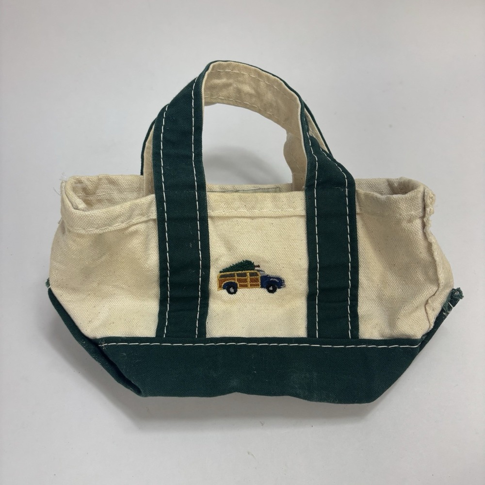 L.L. Bean Micro Mini Boat And Tote Bag "Woody" Embroidered Green & Beige